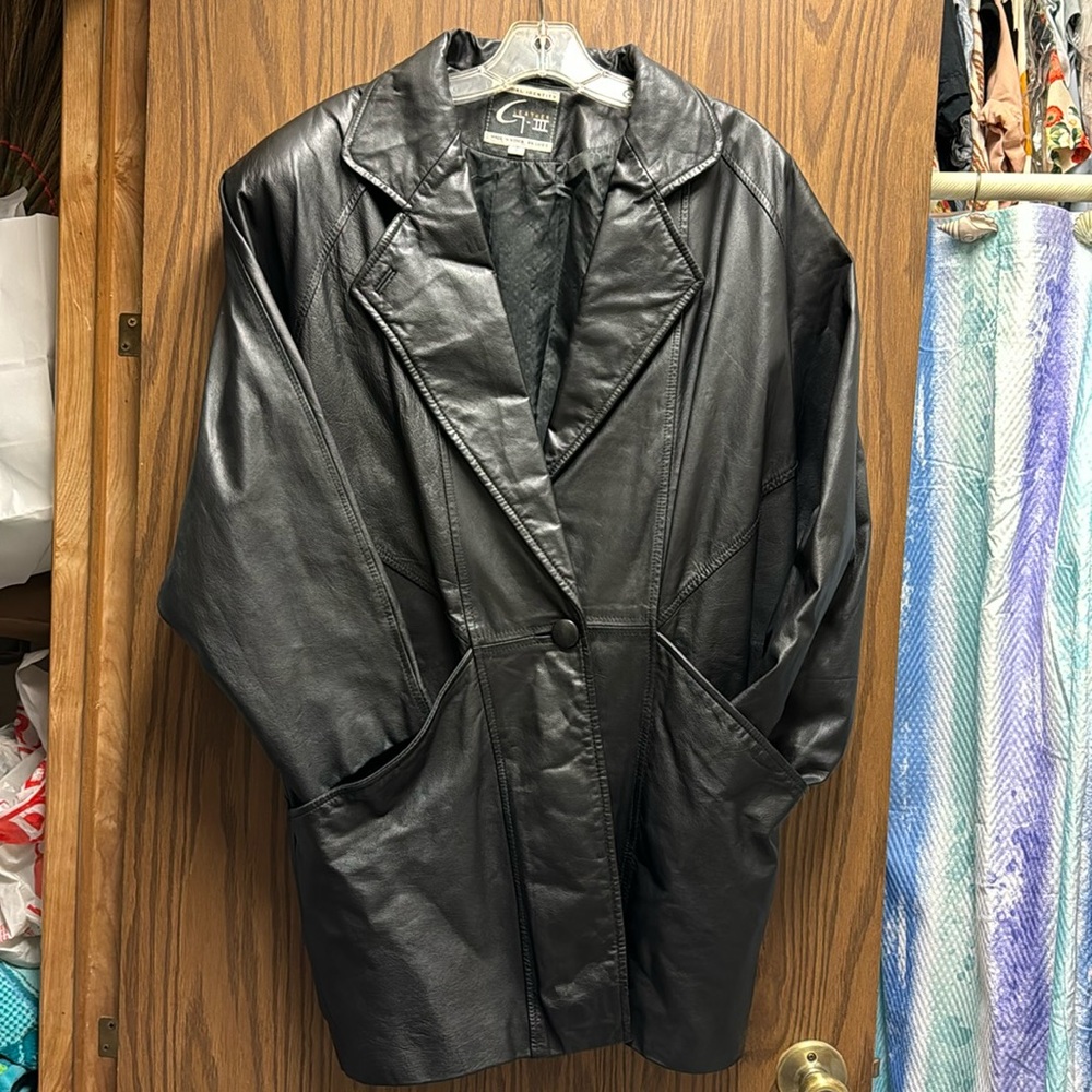 Black leather walking coat
